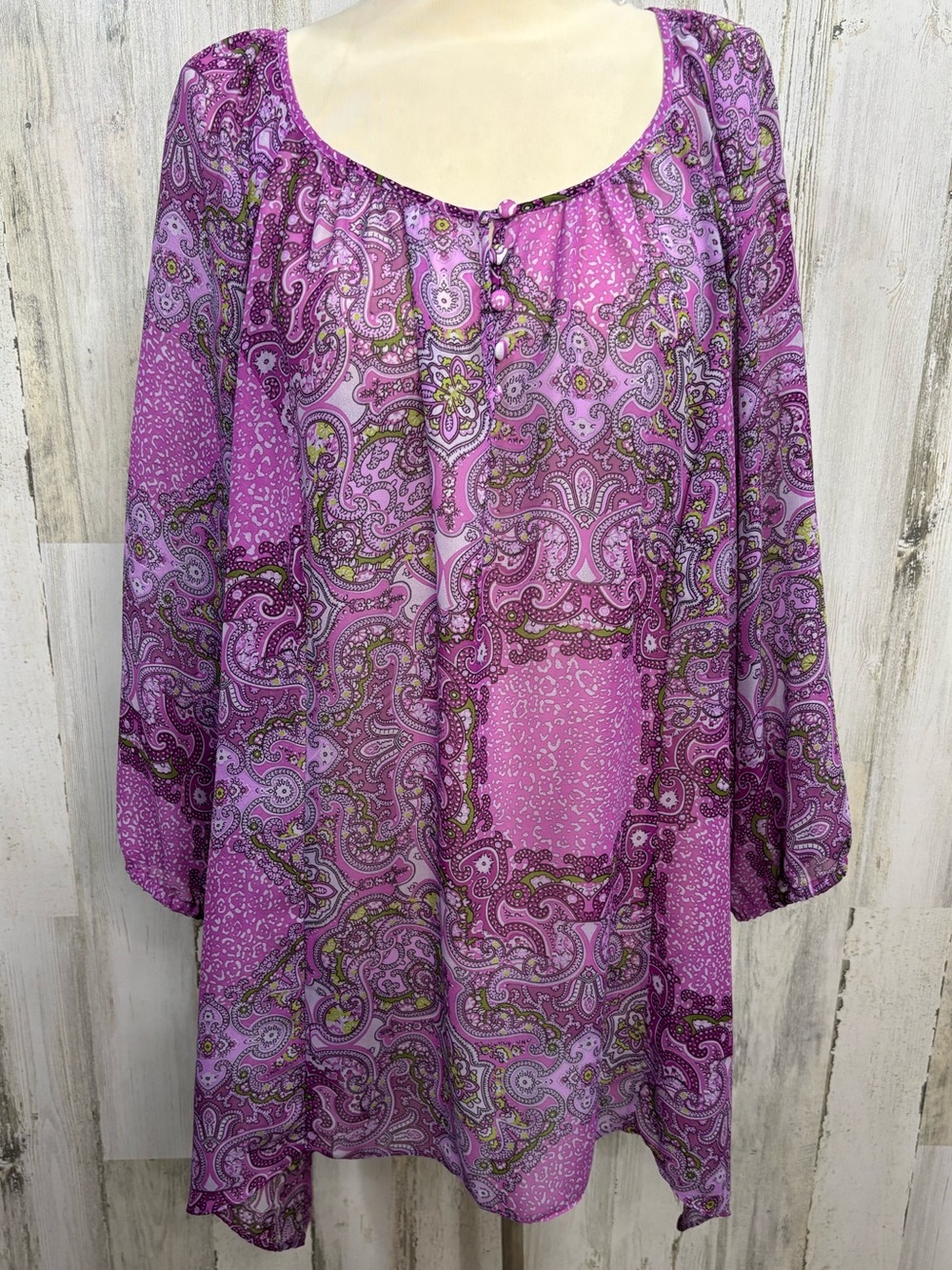 Apt. 9 Purple Paisley Sheer Chiffon Long Sleeve Peasant Tunic